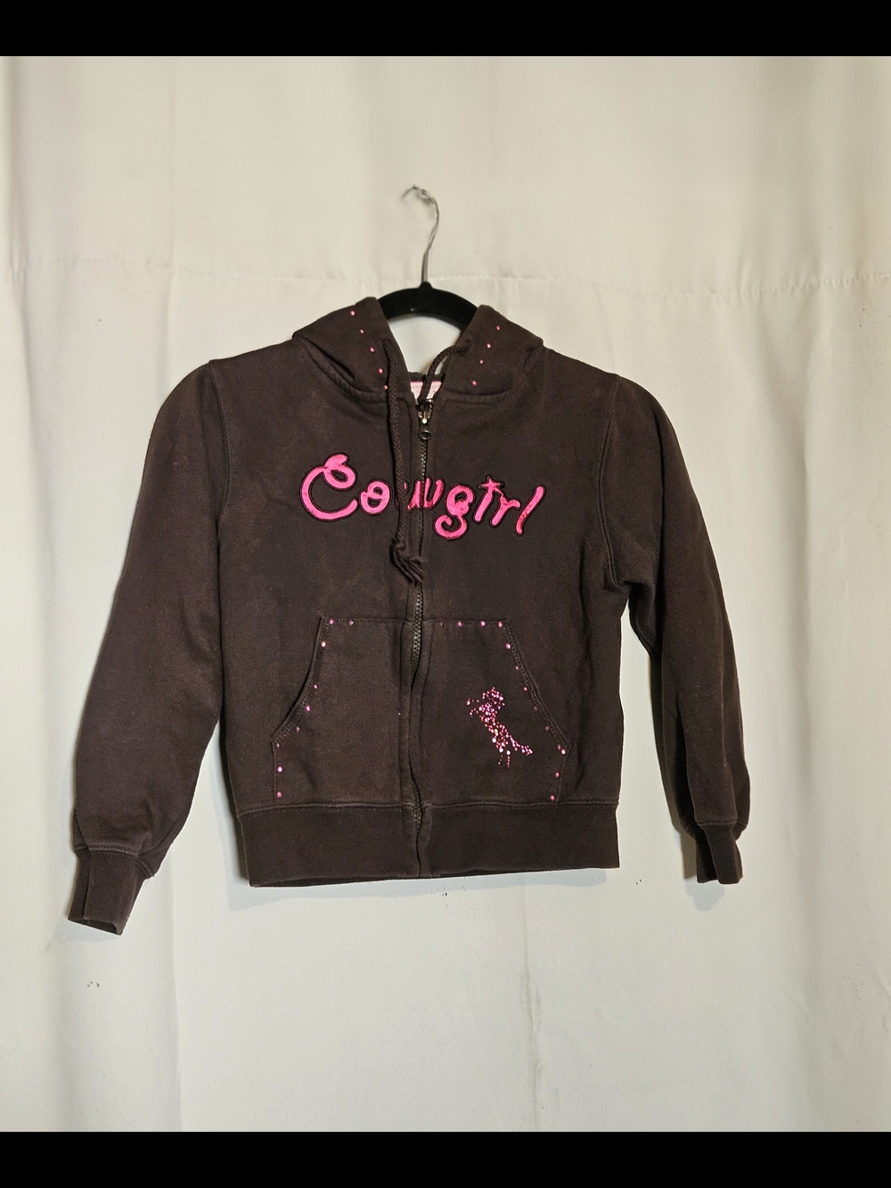 Kids Brown Cowgirl Zip-Up Hoodie with Pink Accents